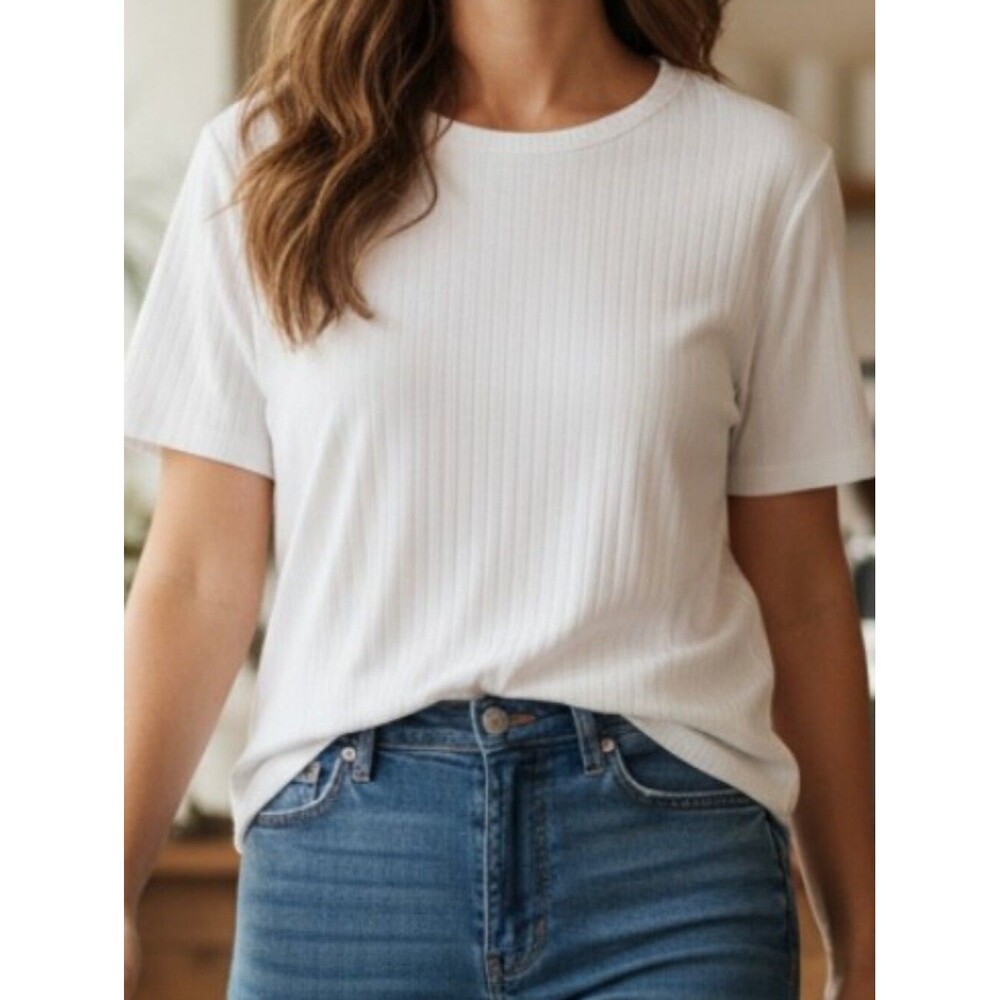 Vintage America White Ribbed Knit T-Shirt Soft Minimalist Classic Tee Large